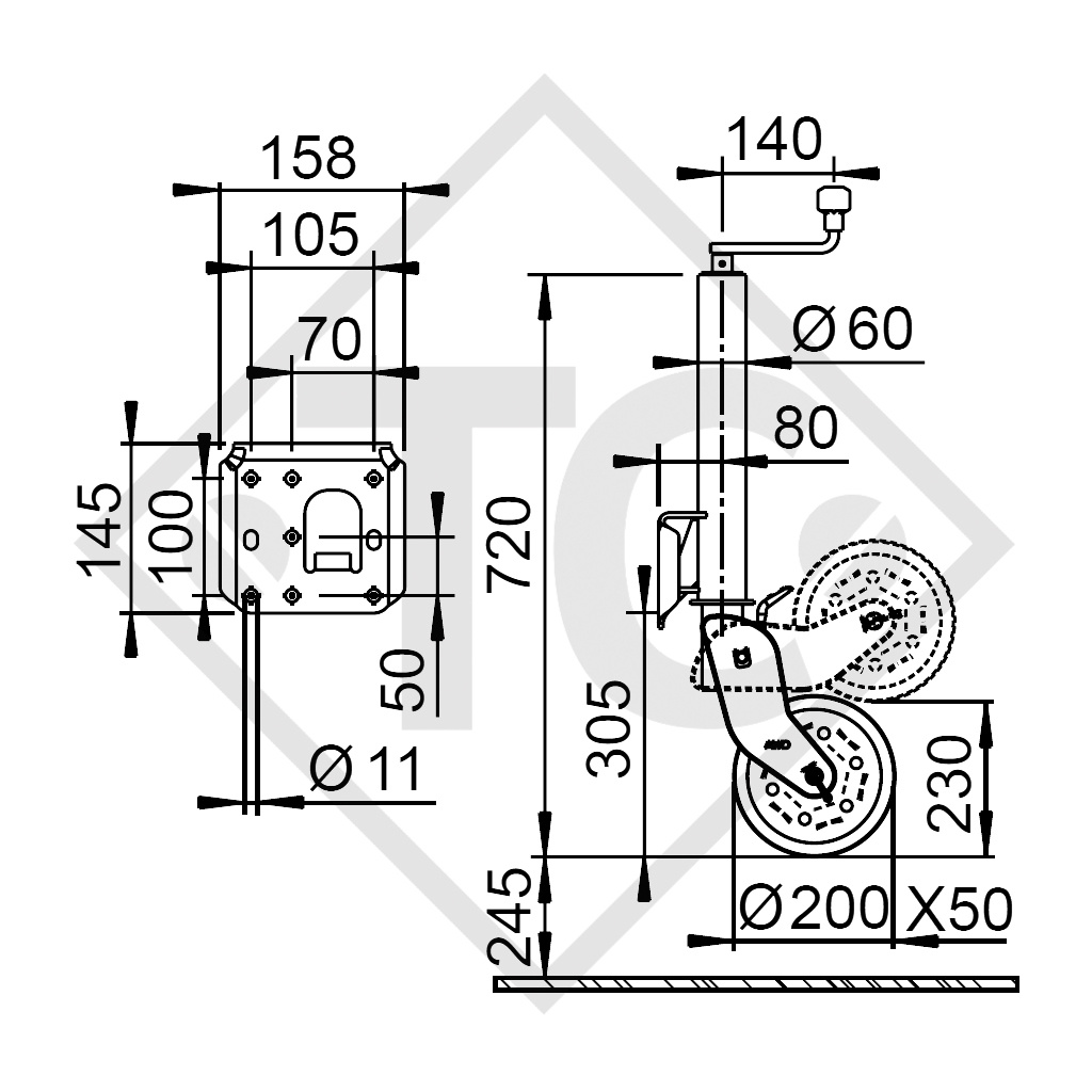 Ruotino d'appoggio ø60mm tondo pattino d’appoggio semiautomatico, 242061, per caravan, rimorchi auto, macchine per l'edilizia