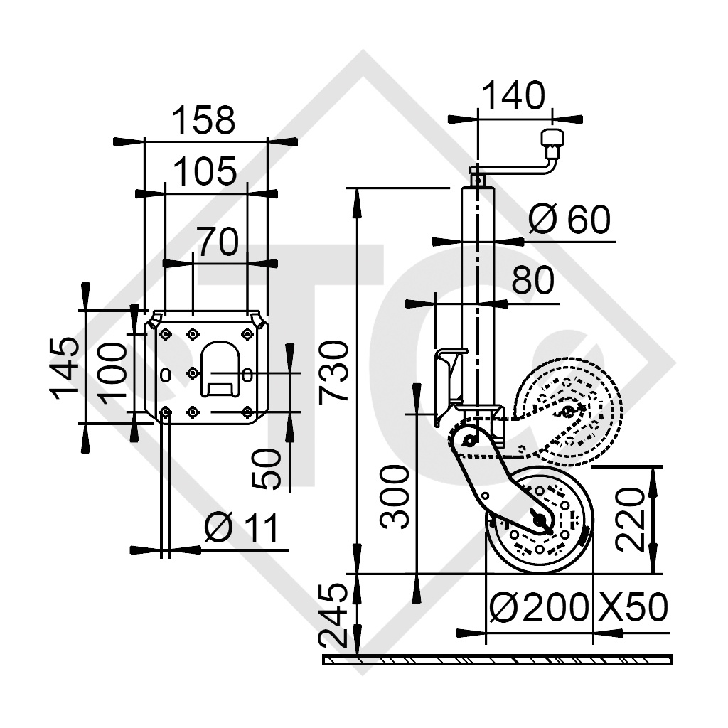Stützrad ø60mm rund, Stützschuh vollautomatisch, 1212382, für Wohnwagen, PKW-Anhänger, Maschinen für die Bauindustrie