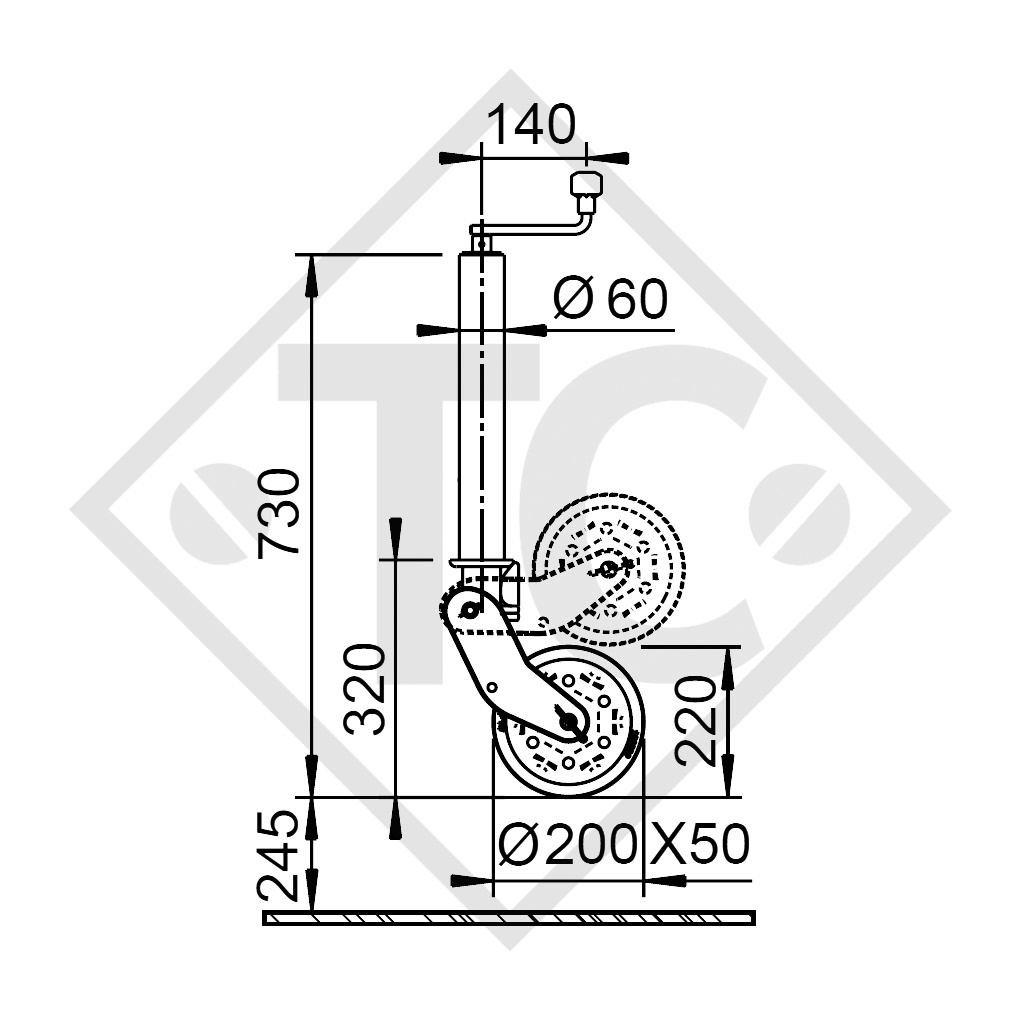 Rueda jockey ø60mm redondo con horquilla automática, sin brida, 1654777, para caravanas, remolques y semirremolques