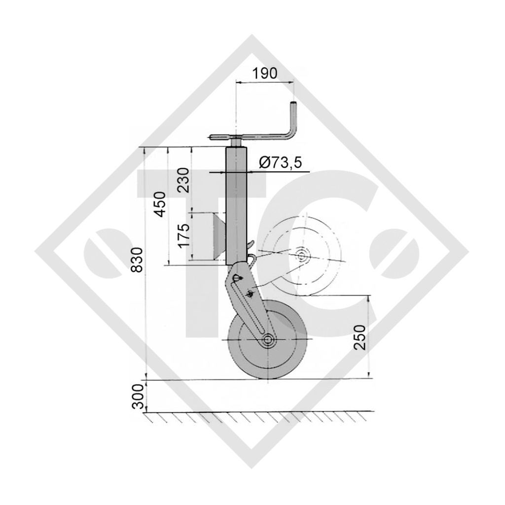 Stützrad ø73.5mm rund, Stützschuh halbautomatisch, Kurbel klappbar, 1250408, für Wohnwagen, PKW-Anhänger, Maschinen für die Bauindustrie