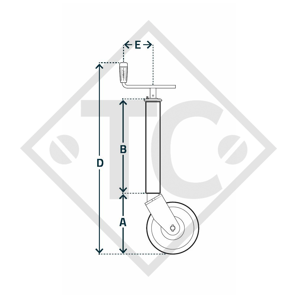 Jockey wheel ø48mm round, support shoe rigid, top crank, type FO 240, for agricultural machines and trailers, machines for building industry, implements for road maintenance and snow