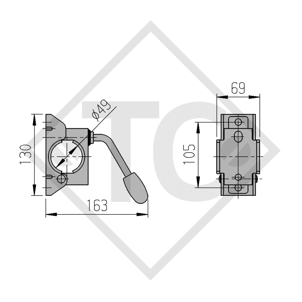 Collier de serrage ø48mm, manette fixe, monté, pour tous types courants de remorques, BASIC