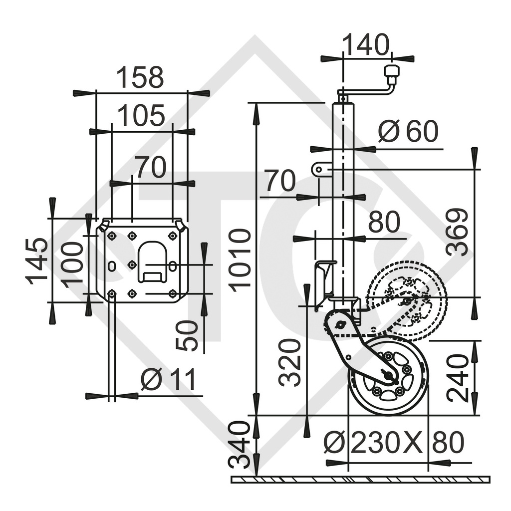 Rueda jockey ø60mm redondo automática con soporte más larga, 1223638, para caravanas, remolques y semirremolques