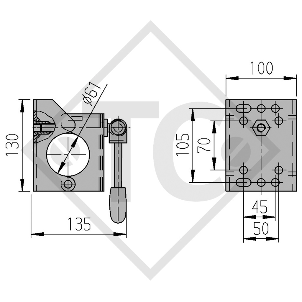 Clamp ø60mm, T-bar, suitable for all trailer types