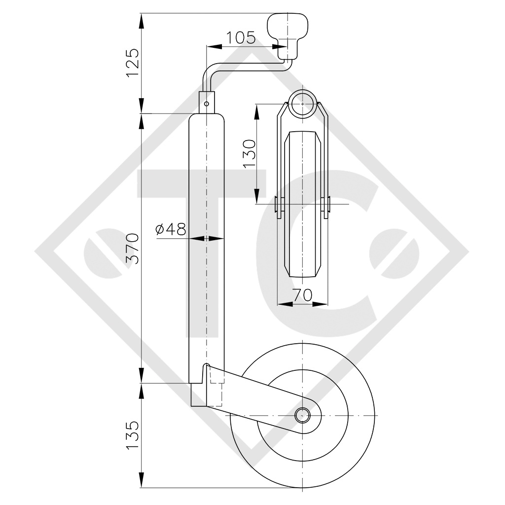 Jockey wheel ø48mm round, type ST 48-200 V, for caravans, car trailers, machines for building industry