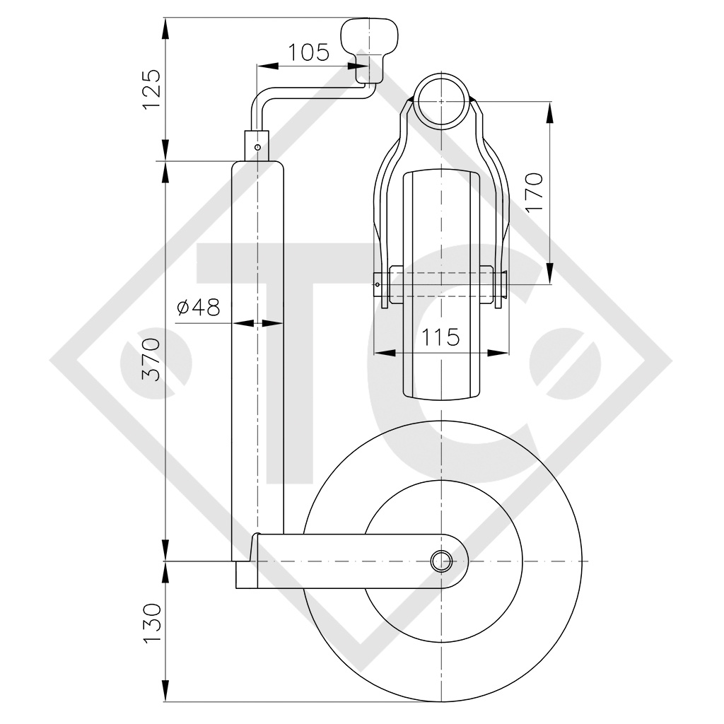 Stützrad ø48mm rund, Typ ST 48-260 L, für Wohnwagen, PKW-Anhänger, Maschinen für die Bauindustrie