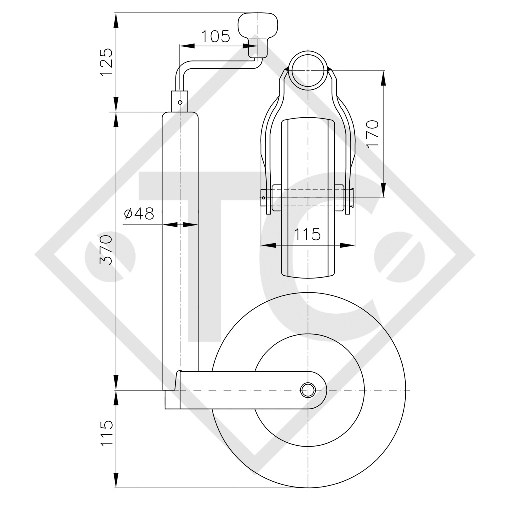 Jockey wheel ø48mm round, type ST 48-255 S, for caravans, car trailers, machines for building industry