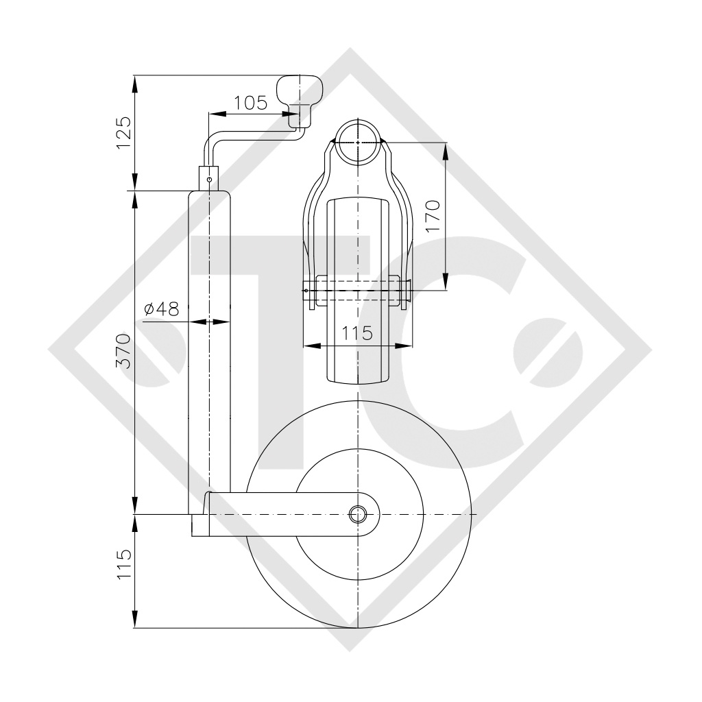 Stützrad ø48mm rund, Typ ST 48-255 SB, für Wohnwagen, PKW-Anhänger, Maschinen für die Bauindustrie