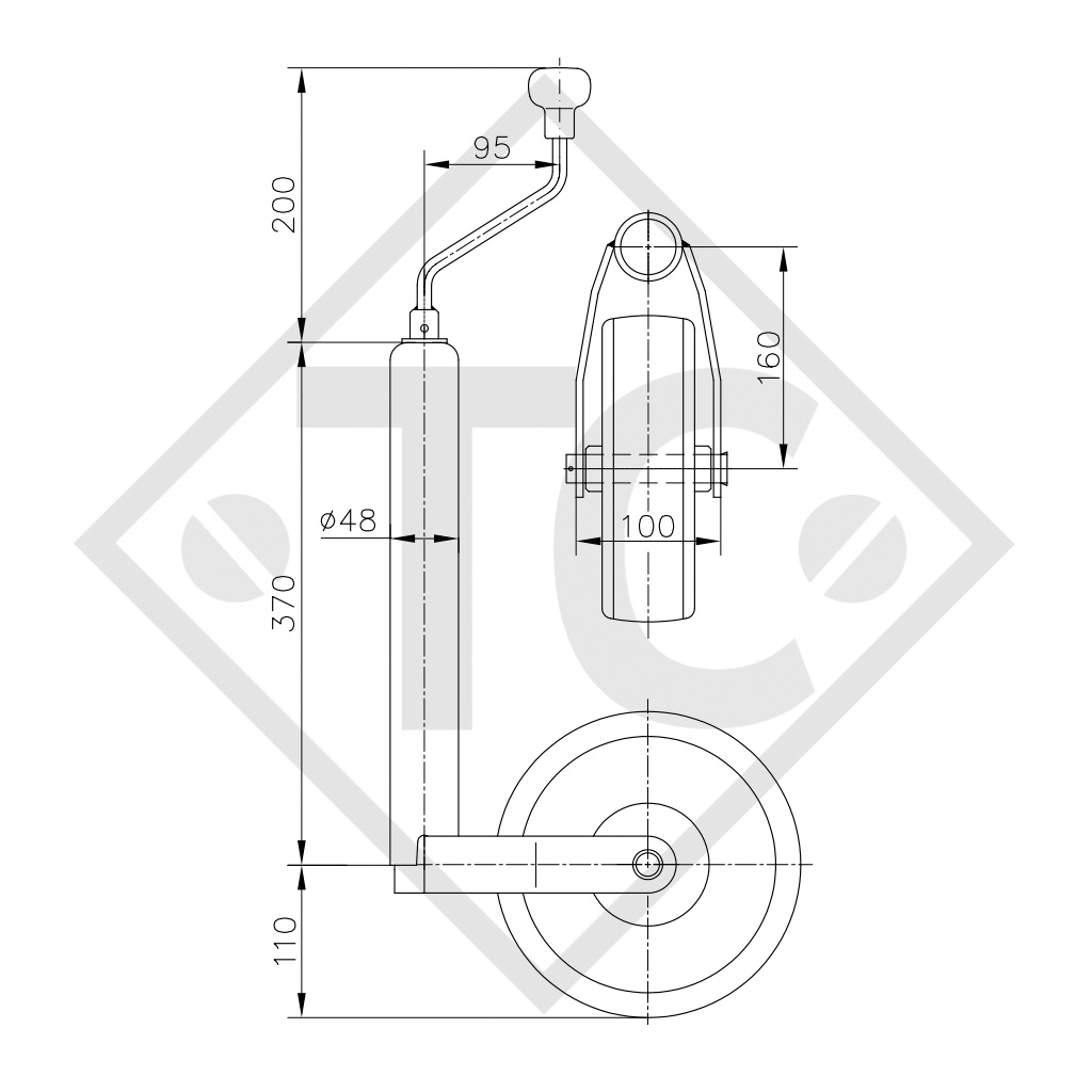 Jockey wheel ø48mm round, type ST 48-C-240 S, for caravans, car trailers, machines for building industry