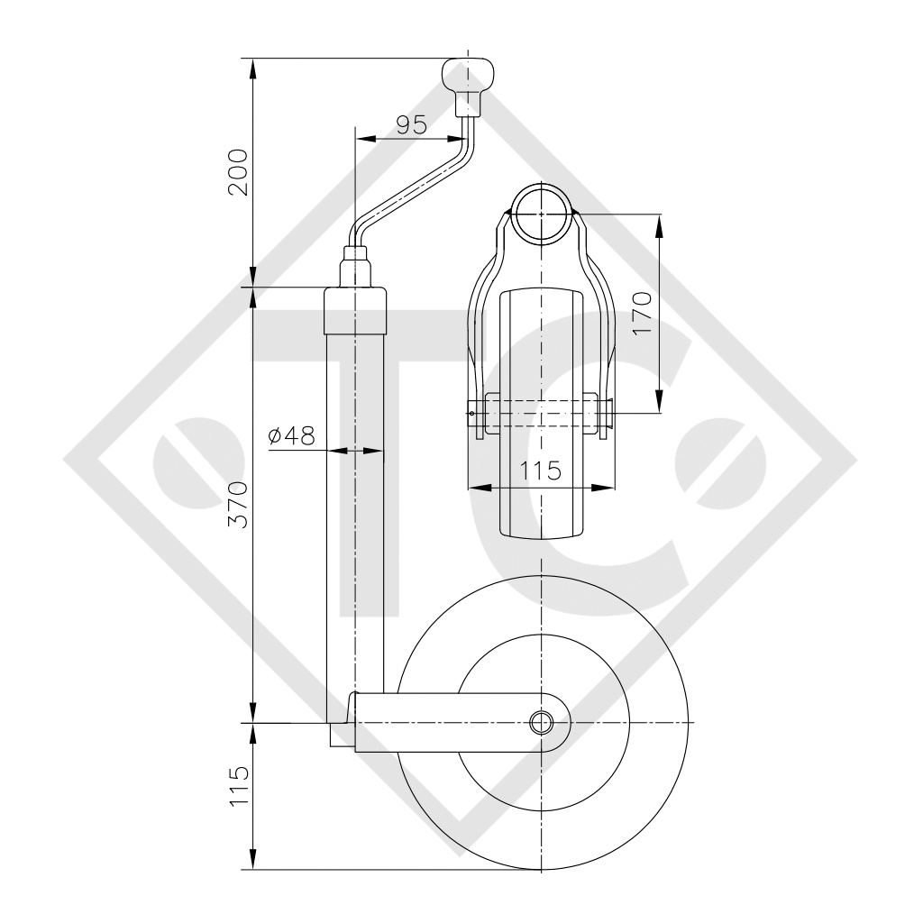 Roue jockey ø48mm rond, type ST 48-CE-255 SB, pour caravanes, remorques-auto, machines pour l'industrie du bâtiment