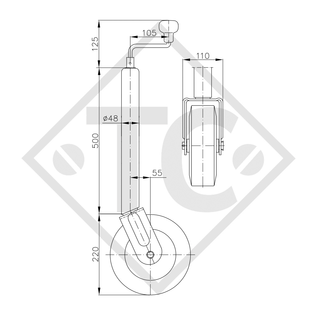 Roue jockey ø48mm rond, type ST 48-V-255 SB, version renforcée, pour caravanes, remorques-auto, machines pour l'industrie du bâtiment