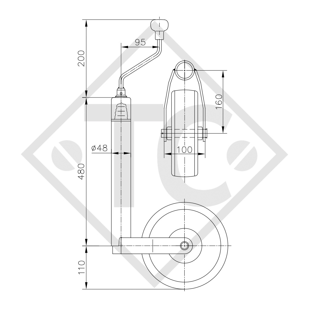 Ruotino d'appoggio ø48mm tondo, tipo ST 48-CW-240 S, con indicatore di carico ruota integrato, per caravan, rimorchi auto, macchine per l'edilizia