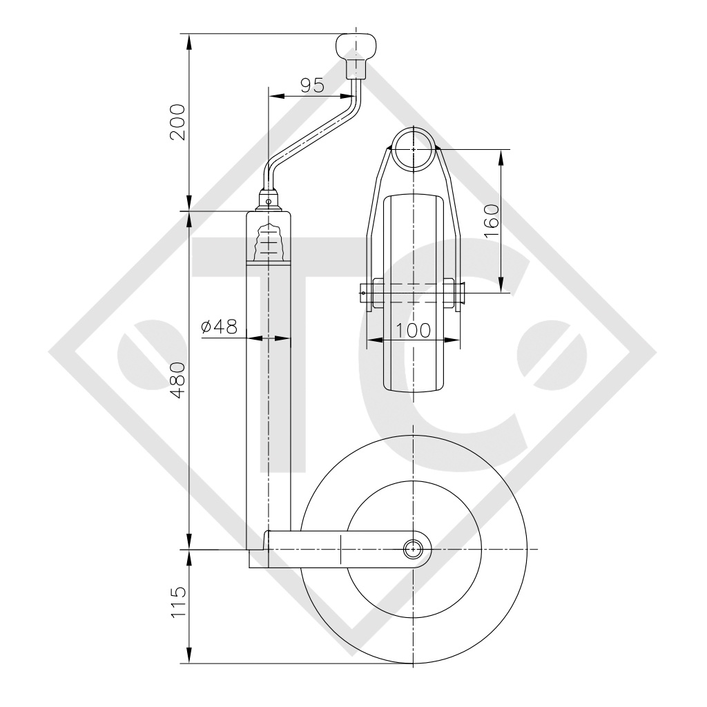 Rueda jockey ø48mm redondo, tipo ST 48-CW-255 SB, con indicador de carga de rueda integrado, para caravanas, remolques y semirremolques