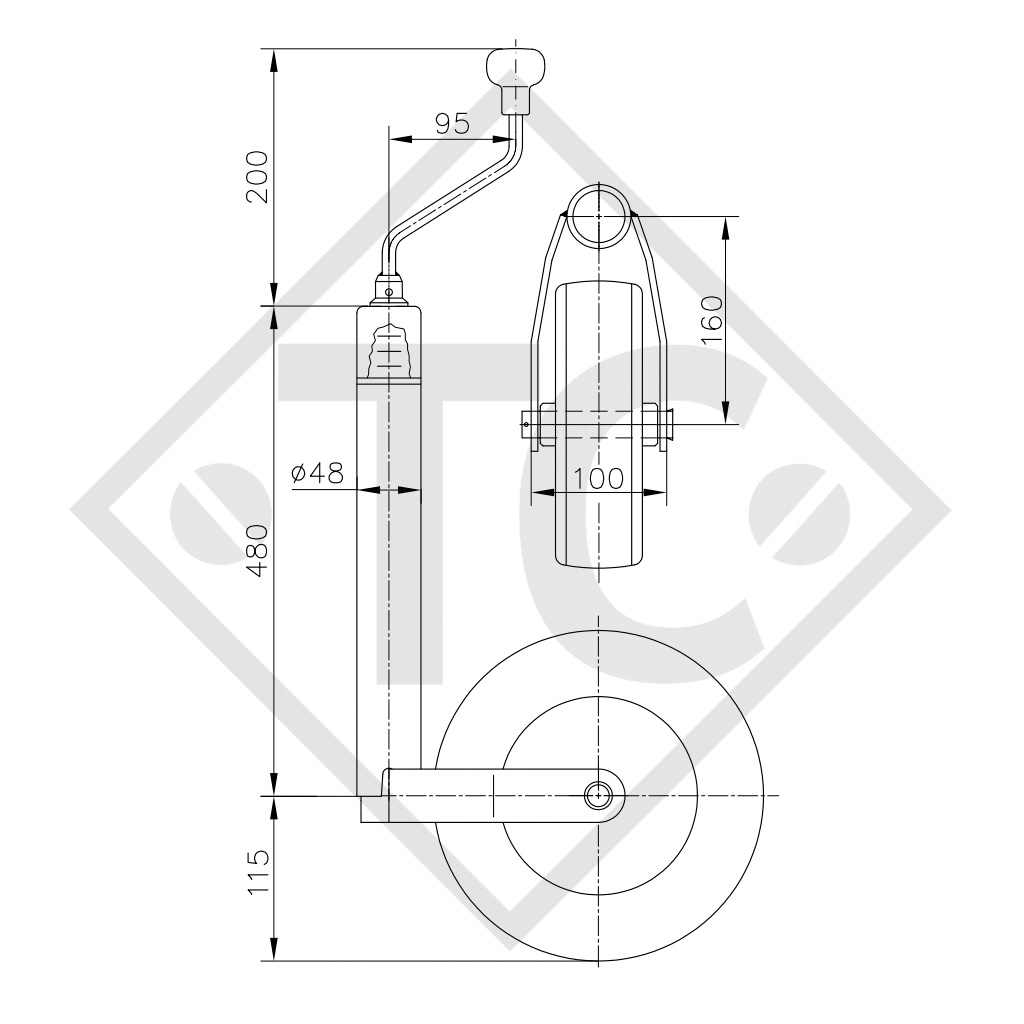 Roue jockey ø48mm rond, type ST 48-CW-255 SB, avec indicateur de charge intégré, pour caravanes, remorques-auto, machines pour l'industrie du bâtiment