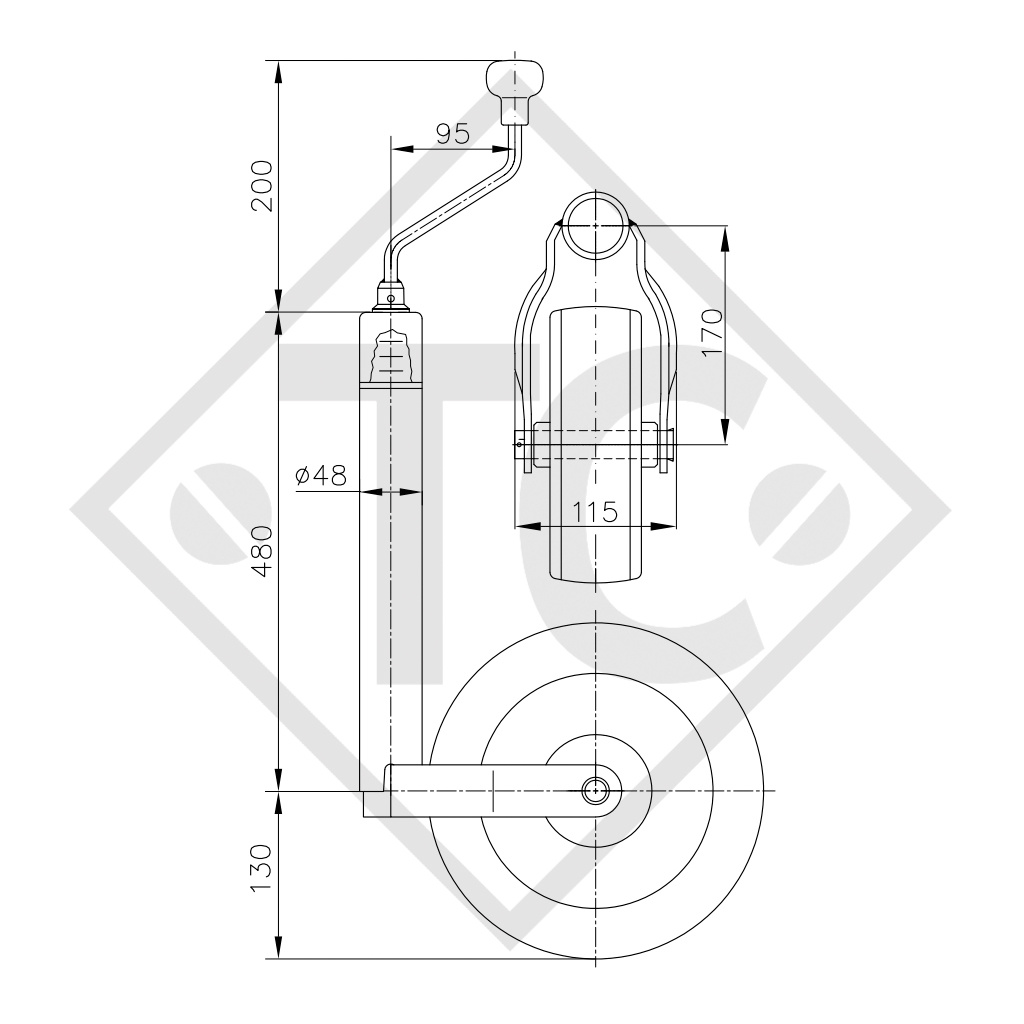 Jockey wheel ø48mm round, type ST 48-CW-260 LB, with integrated wheel load indicator, for caravans, car trailers, machines for building industry