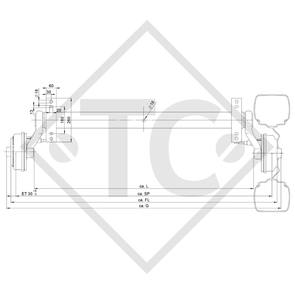 Achse gebremst SWING 1500kg Achstyp CB 1505, 46.27.362.065