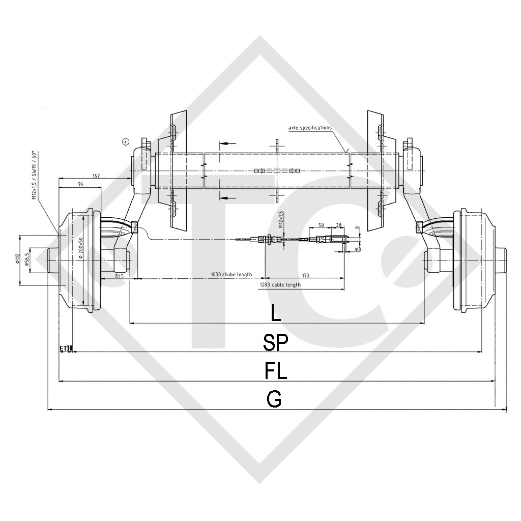 Braked axle SWING 1500kg axle type CB 1505, 46.27.379.446, 4002628