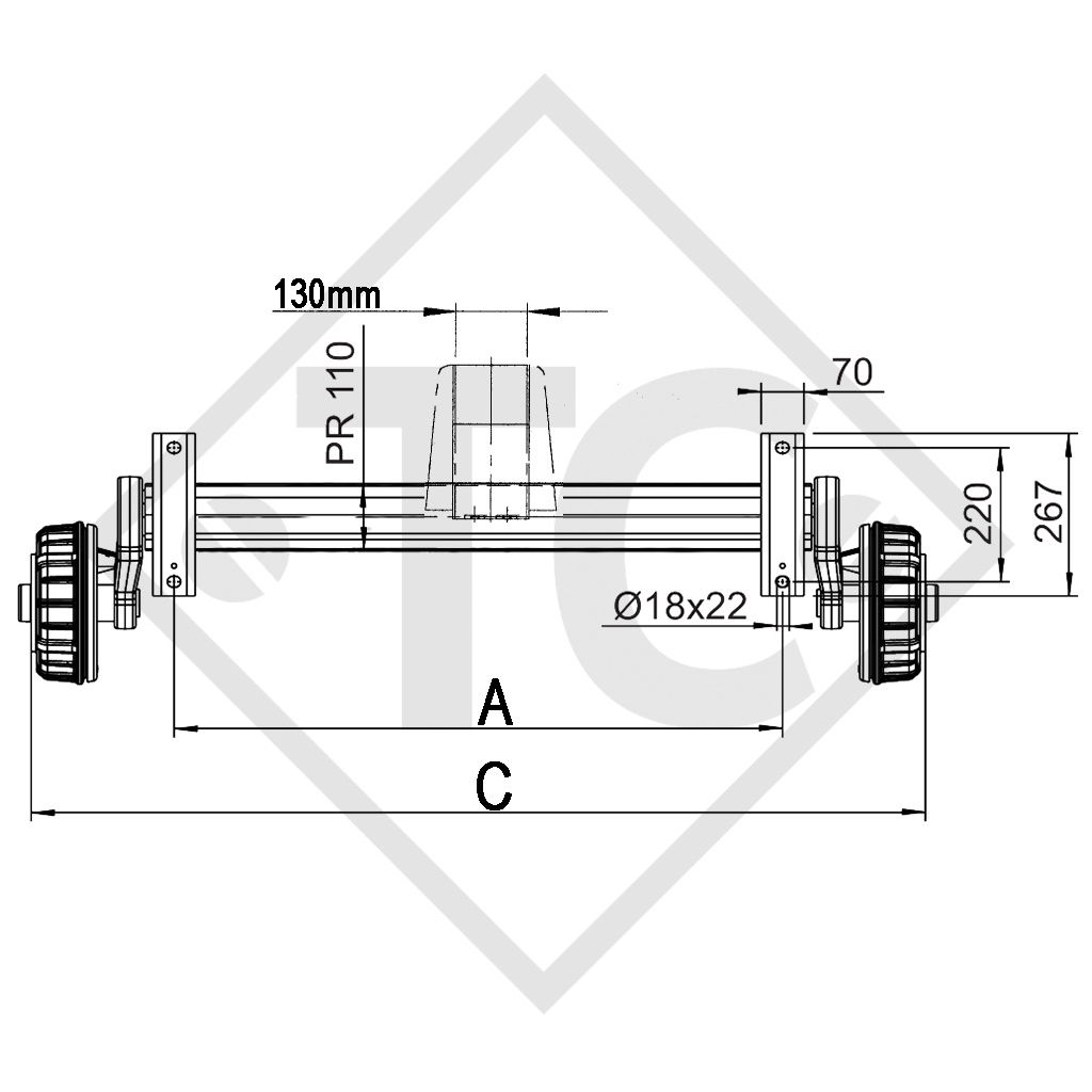 Assale frenato 1800kg PLUS tipo di assale B 1800-9 con profilo 130mm e AAA (Regolazione automatica dei ferodi)