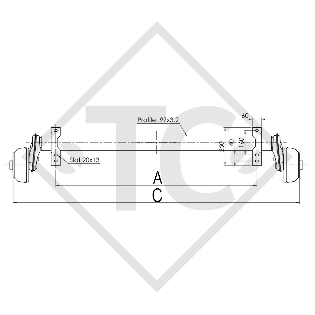 Braked axle 1300kg EURO COMPACT axle type B 1200-5, watertight, Mecanorem