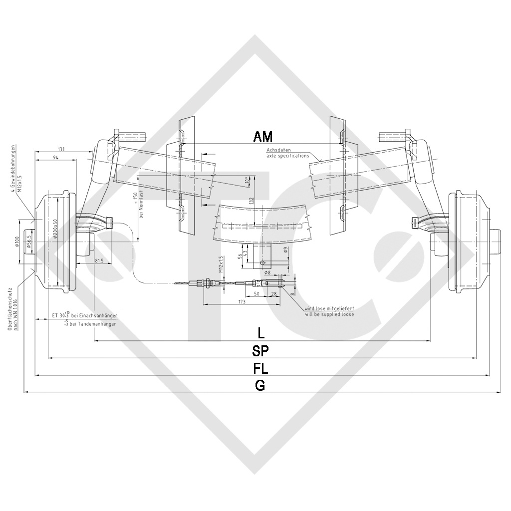 Assale frenato 1050kg / 1350kg tipo di assale SCB 1054, 46.21.379.916, 4012957 - RIPRODUZIONE, NON PIÙ DISPONIBILE COME ORIGINALE!