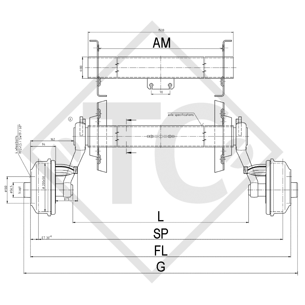 Achse gebremst 1050kg SWING Achstyp CB 1054, 46.21.379.599
