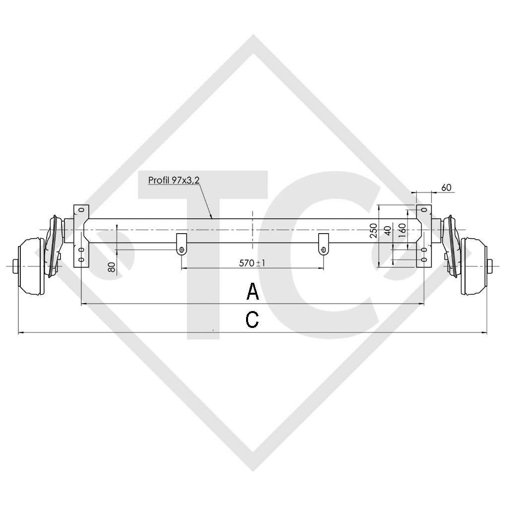 Achse gebremst 1300kg COMPACT Achstyp B 1200-5 Brenderup