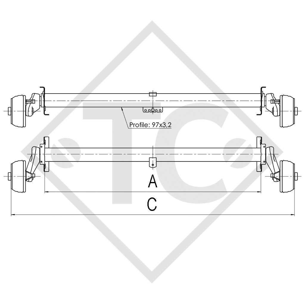 Braked axle 1300kg EURO1 axle type B 1200-5, Sterckeman