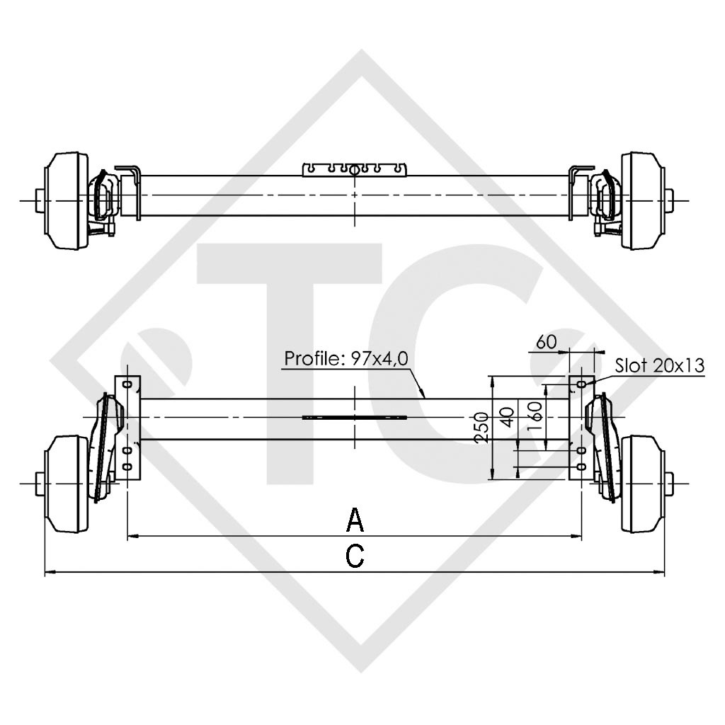 Braked axle 1500kg PLUS axle type B 1600-3 - Humbaur