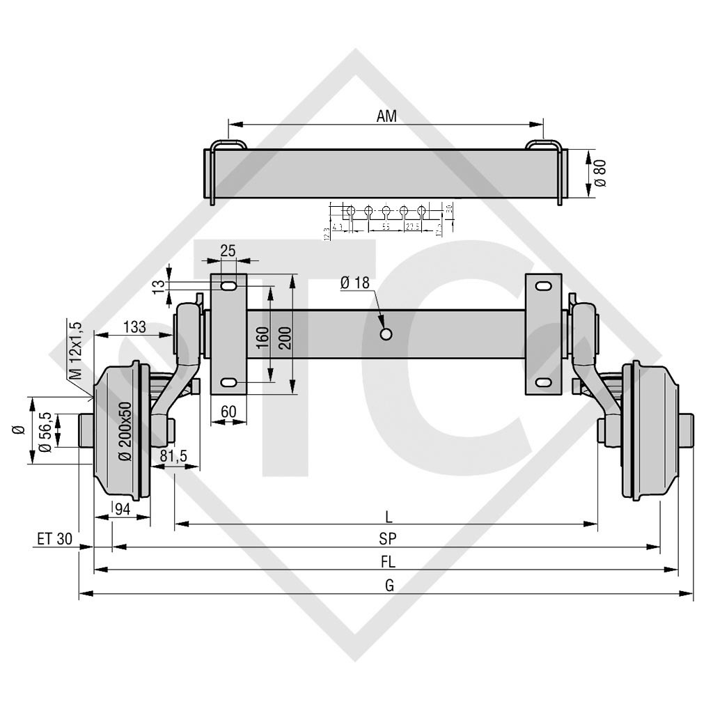 Braked axle 1050kg SWING axle type CB 1055, 46.21.379.176