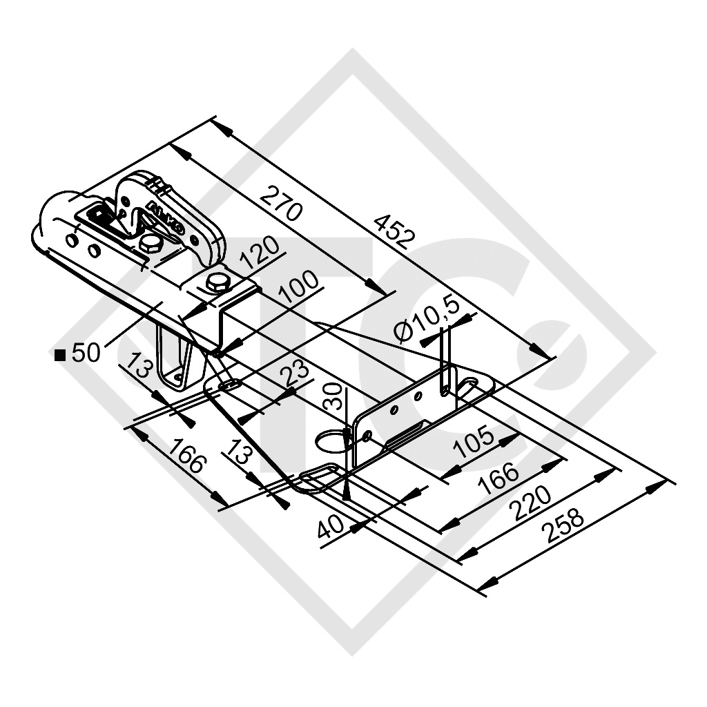 Pièce d'accrochage 75 VR avec tête d’attelage AK 7 PLUS 50 - montage haut sans câble de sécurité pour remorques non freinées