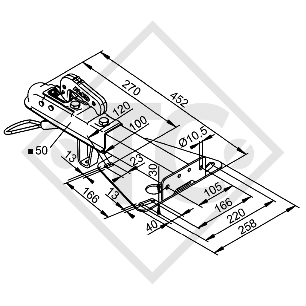 Instalación de lanza de remolque 75 VR con cabezal  AK 7 PLUS 50 - Montaje superior con cable de frenado para remolques sin freno