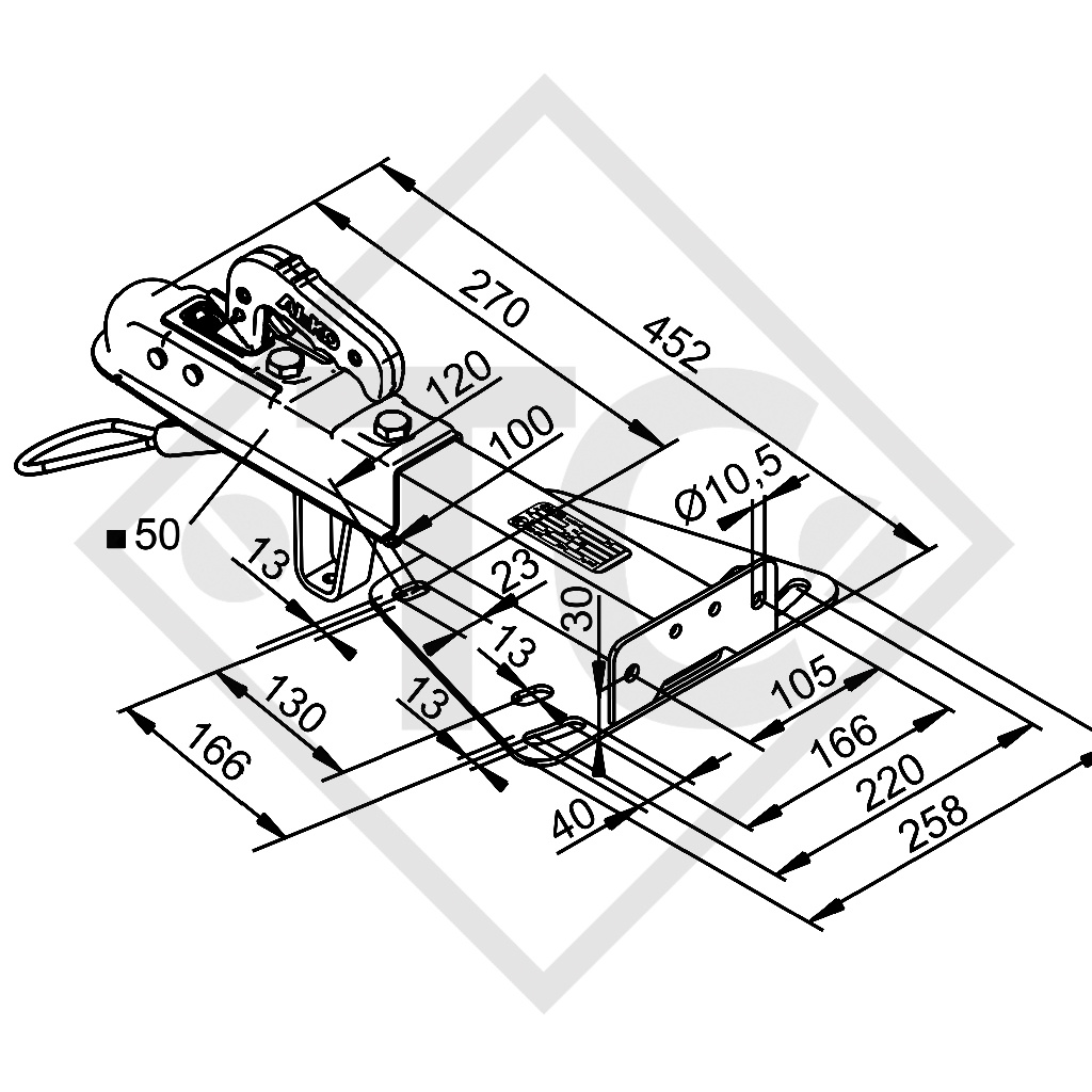 Instalación de lanza de remolque 75 VR con cabezal  AK 7 PLUS 50 - Montaje superior sin cable de frenado para remolques con freno