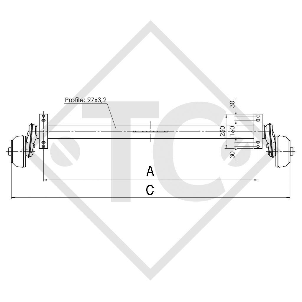 Achse gebremst 1300kg EURO COMPACT Achstyp B 1200-5, wasserdicht