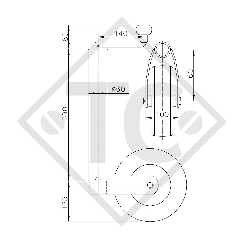 Ruotino d'appoggio ø60mm tondo, tipo MB14476005, per caravan, rimorchi auto, macchine per l'edilizia
