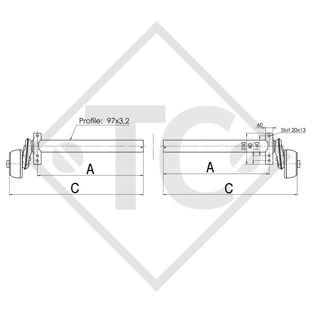 Demi-essieux freinés 1350kg type d'essieu B 1200-6 (paire)