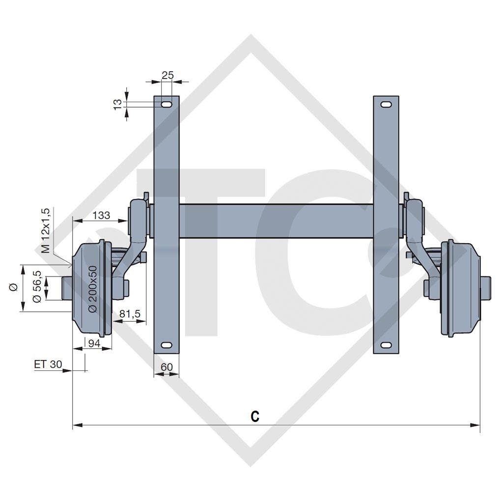 Essieu 1400kg freiné type d'essieu SB14, 104077, SARIS