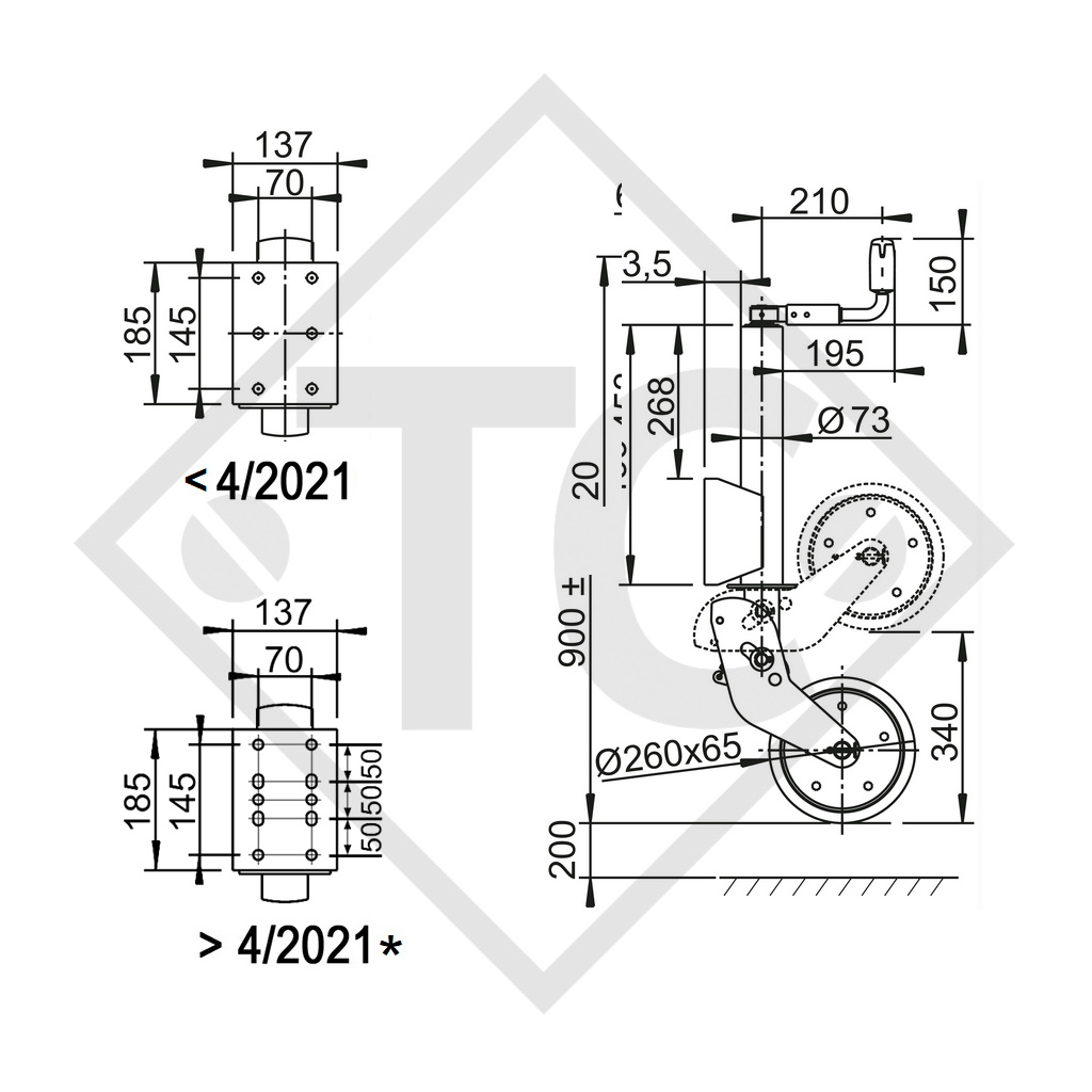 Stützrad ø73mm rund, Stützschuh vollautomatisch, Kurbel klappbar, 1366155, für Wohnwagen, PKW-Anhänger, Maschinen für die Bauindustrie