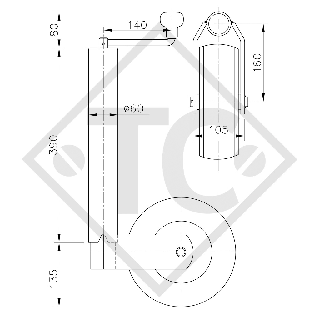 Stützrad ø60mm rund, Typ ST 60-V-255 SB, verstärkte Ausführung, für Wohnwagen, PKW-Anhänger, Maschinen für die Bauindustrie