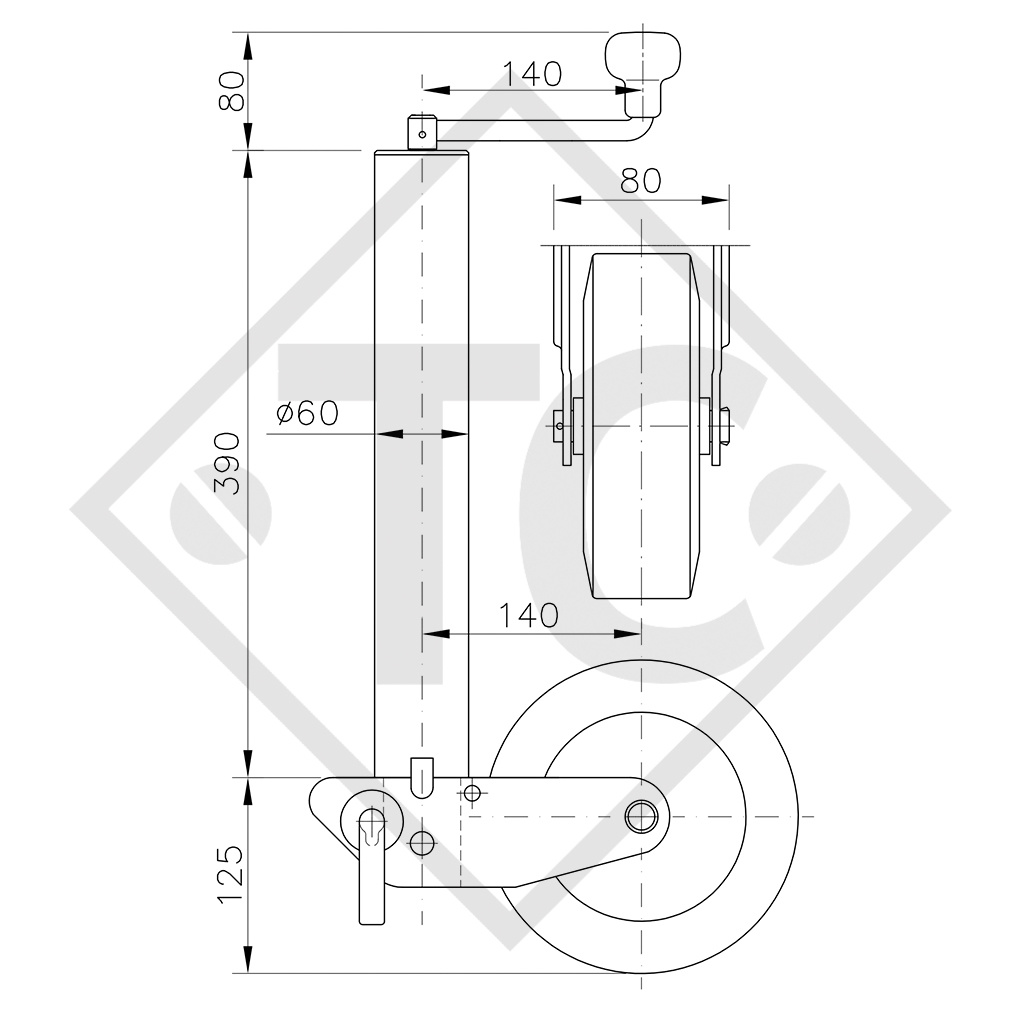 Jockey wheel ø60mm round, type K 60-200 VB, support shoe semi-automatic, for caravans, car trailers, machines for building industry