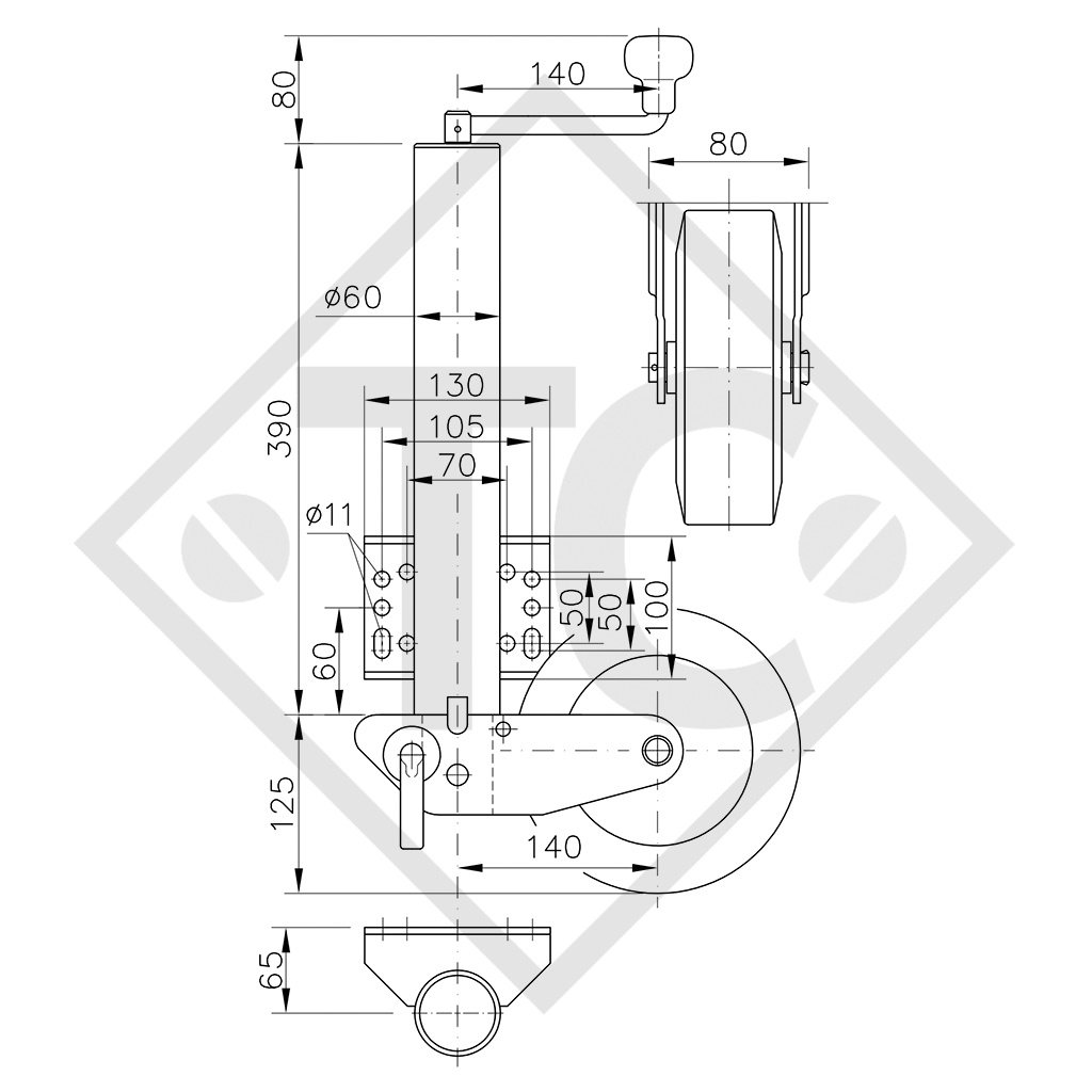 Jockey wheel ø60mm round, type K 60-B-200 VB, support shoe semi-automatic, for caravans, car trailers, machines for building industry