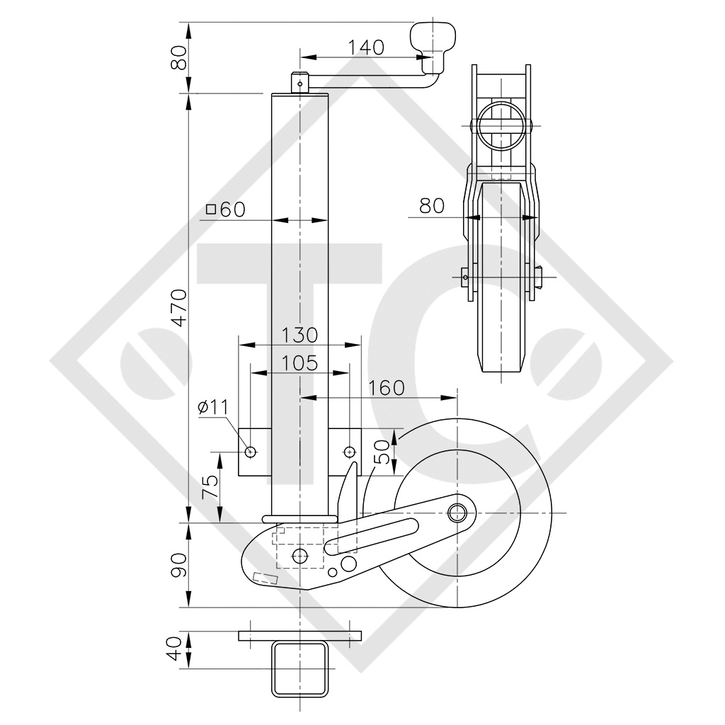 Stützrad □60mm vierkant, Typ VK 60-P2H-200 VBB, Stützschuh vollautomatisch, für Wohnwagen, PKW-Anhänger, Maschinen für die Bauindustrie