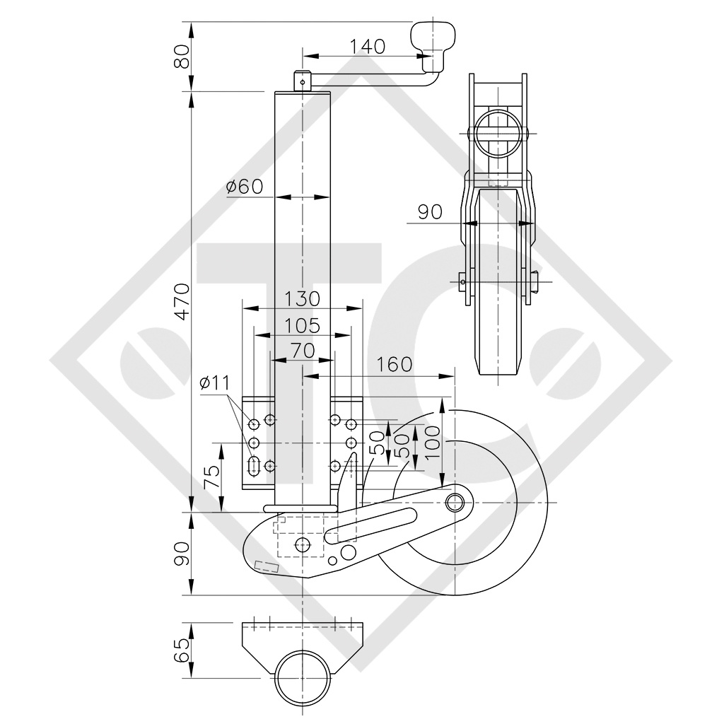 Stützrad ø60mm rund, Typ VK 60-BH-200 VBB, Stützschuh vollautomatisch, für Wohnwagen, PKW-Anhänger, Maschinen für die Bauindustrie