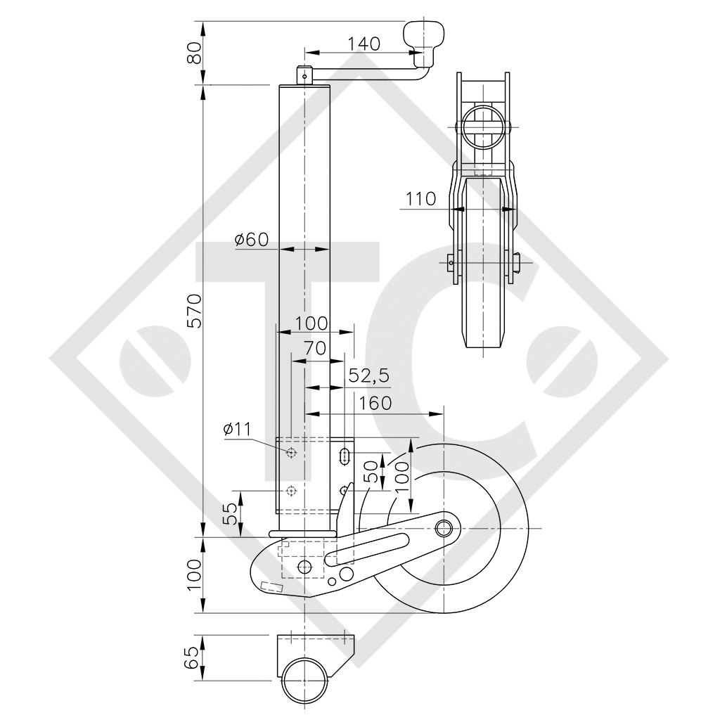 Ruotino d'appoggio ø60mm tondo, tipo VK 60-ABLFH-255 SB, versione lunga, pattino d’appoggio automatico, per caravan, rimorchi auto, macchine per l'edilizia