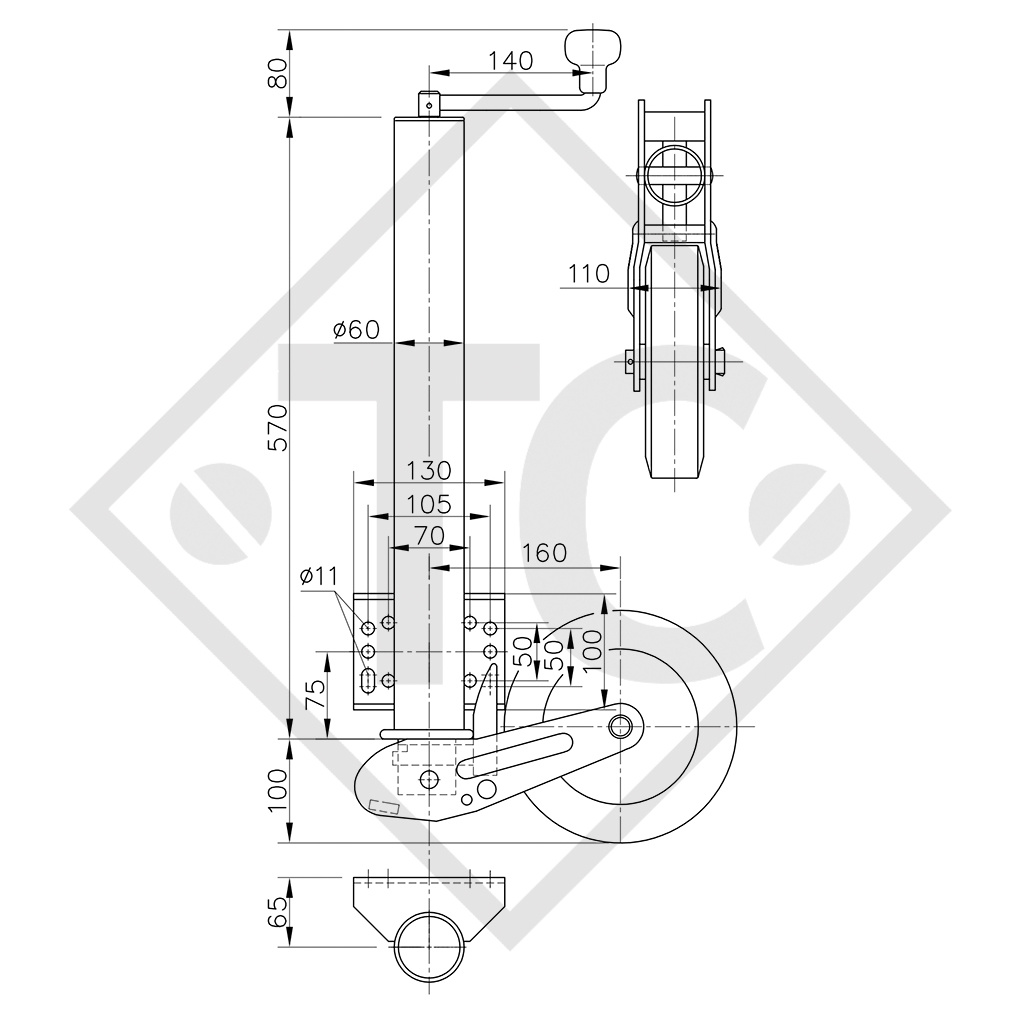 Roue jockey ø60mm rond, type VK 60-BLH-255 SB, version longue, sabot entièrement automatique, pour caravanes, remorques-auto, machines pour l'industrie du bâtiment