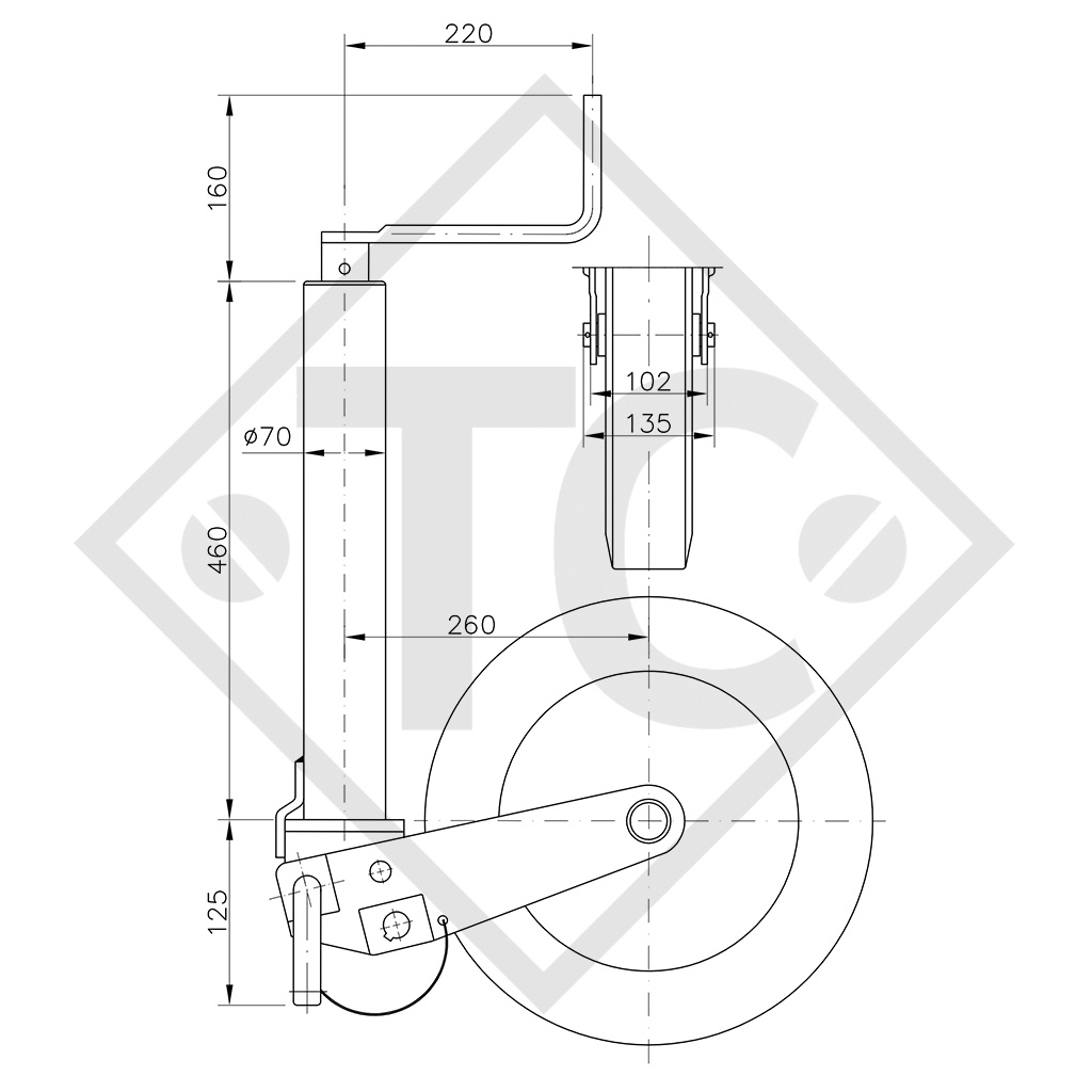 Rueda jockey ø70mm redondo, tipo K 70-400 VBR, con horquilla semiautomática, para caravanas, remolques y semirremolques