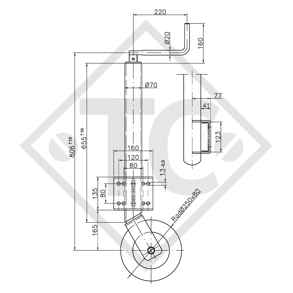 Ruotino d'appoggio ø70mm tondo, tipo ST 70-L-250 VAR, per caravan, rimorchi auto, macchine per l'edilizia