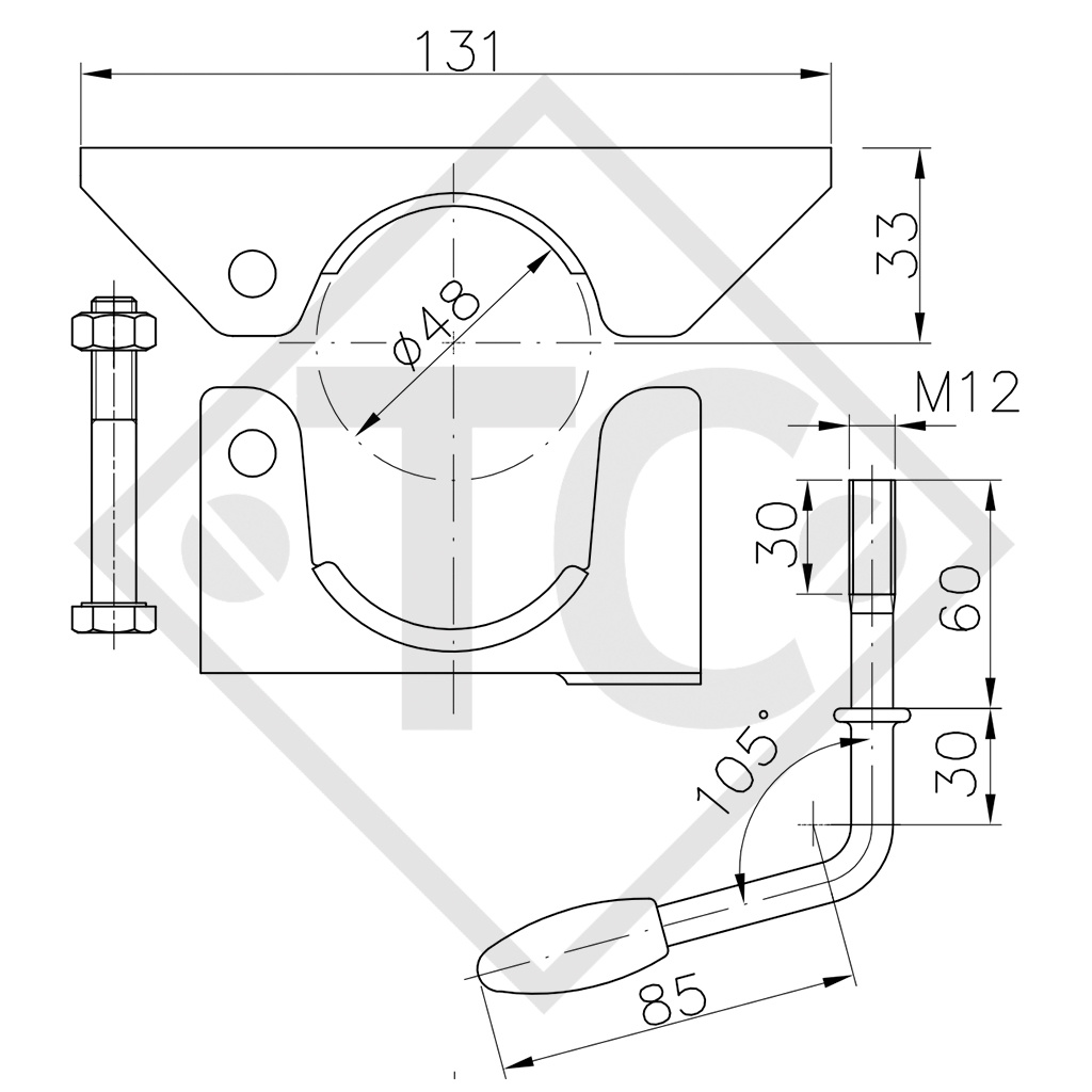 Collier de serrage ø48mm rond KLE 48-R, manette fixe, pour tous types courants de remorques