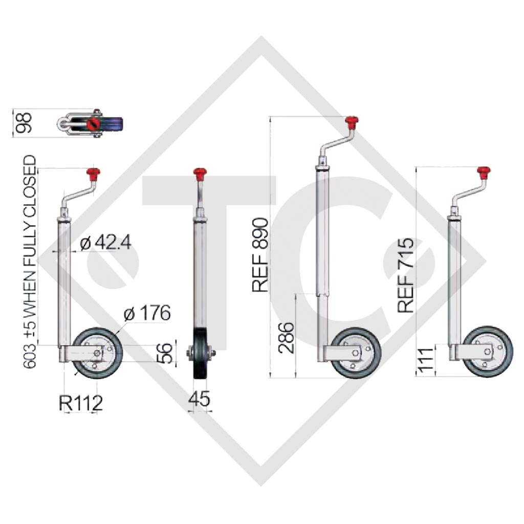 Jockey wheel J43L, for caravans, car trailers, machines for building industry