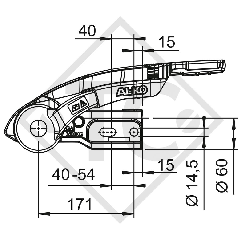 Estabilizador modelo AKS 3504 con cerradura integrada, Safety-Ball y material agujeros (atornillamiento) para remolques con freno