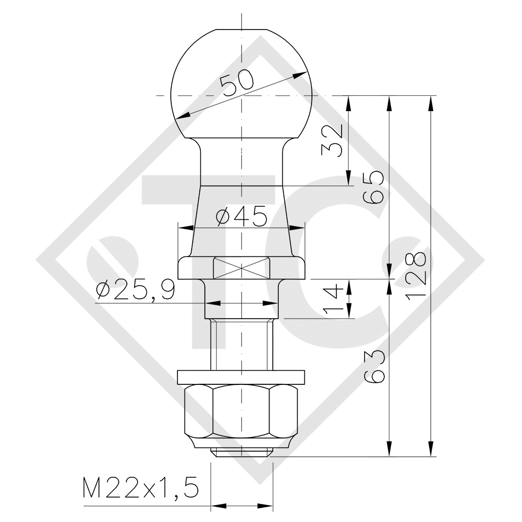 Sfera imbullonabile per giunto a sfera KUB 50-ALBE-3.5T, zincato